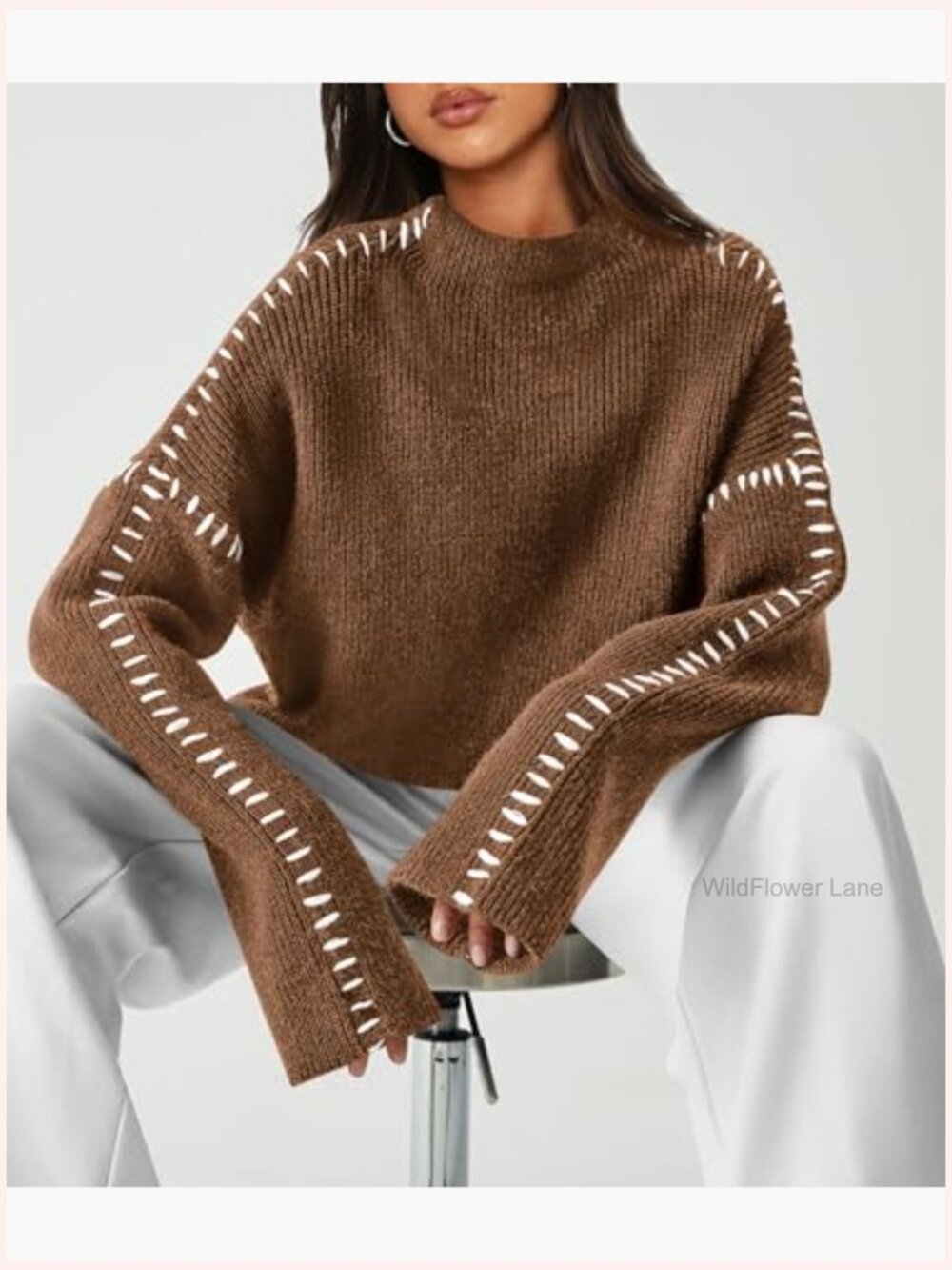 Chunky Knit Mock Neck Oversized Pullover Sweater - Relaxed Fit - Picture 4 of 7